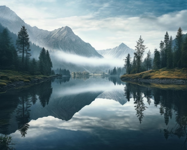 Um lago cercado por montanhas e árvores