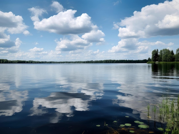 Um lago com água e céu com nuvens fofas brancas