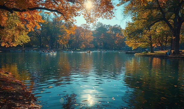 um lago com alguns barcos nele e o sol brilhando através das árvores