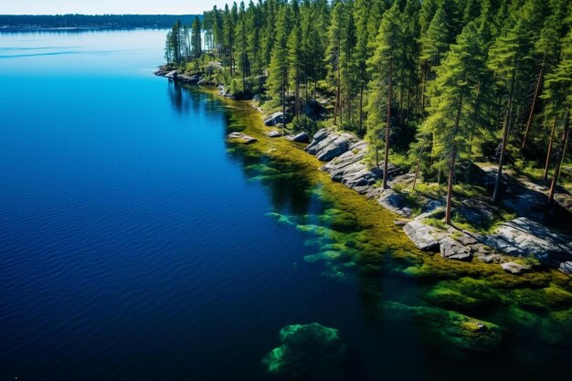 Foto um lago com árvores e rochas na água