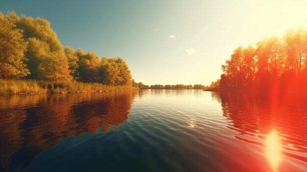 Um lago com árvores e um pôr do sol ao fundo