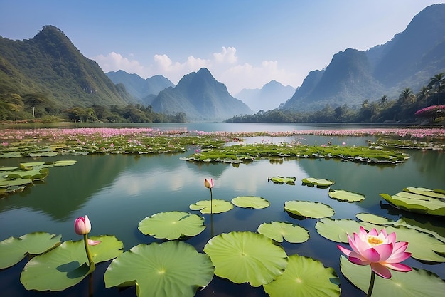 Um lago com flores de lótus em primeiro plano e montanhas ao fundo