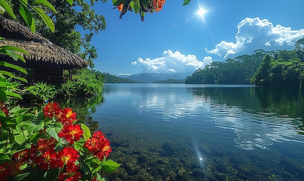 Foto um lago com flores e um sol no céu