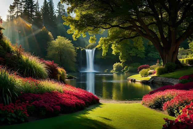 Um lago com flores e uma cachoeira ao fundo