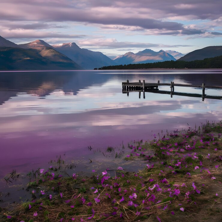 Foto um lago com flores roxas e uma doca em primeiro plano