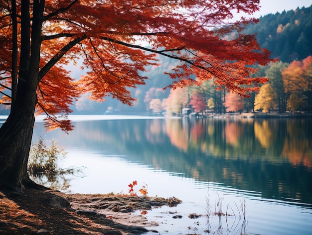 Um lago com folhagem de outono ao fundo