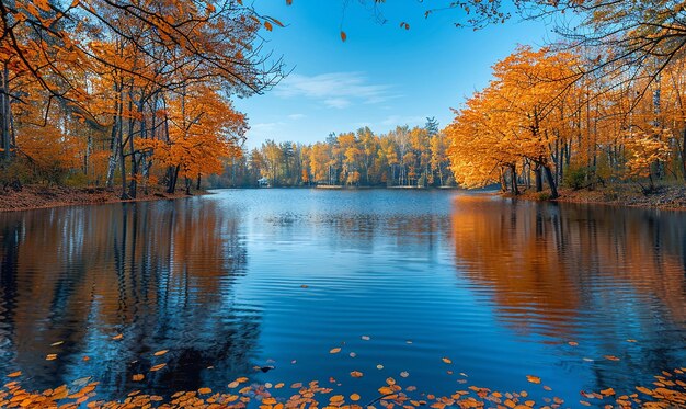 um lago com folhas de outono na água e um céu azul