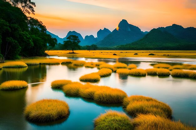 um lago com grama e montanhas ao fundo