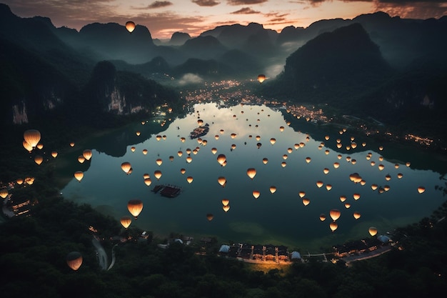 Um lago com lanternas flutuantes no céu