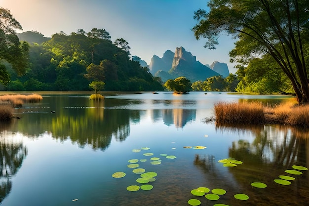 Um lago com lírios em primeiro plano