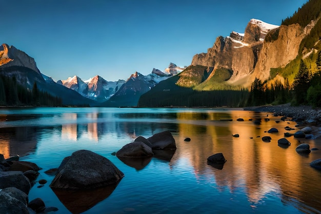 Um lago com montanhas ao fundo e um céu azul com o sol se pondo no horizonte.