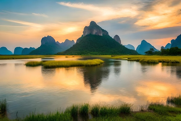 Um lago com montanhas ao fundo e um pôr-do-sol ao fundo.