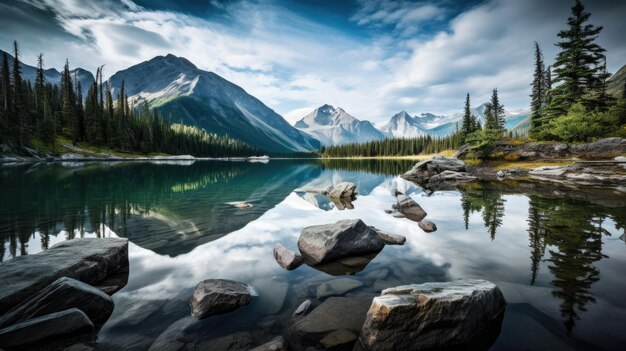 um lago com montanhas ao fundo