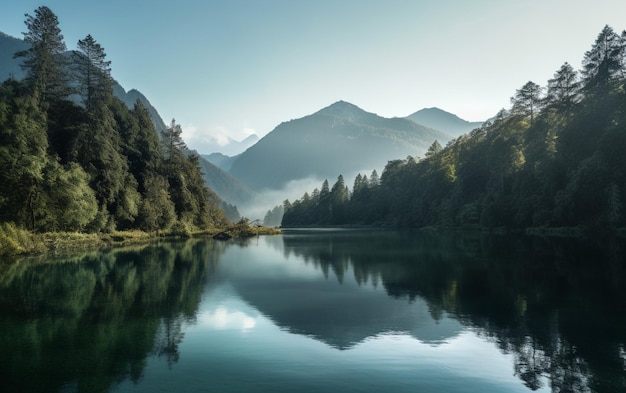 Um lago com montanhas ao fundo