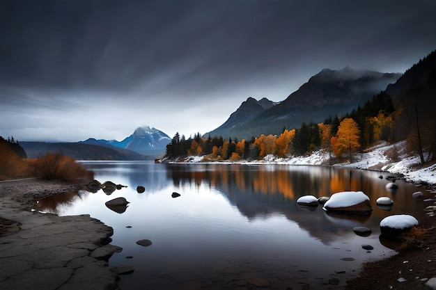 Um lago com montanhas ao fundo