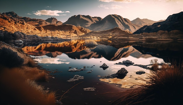 Foto um lago com montanhas ao fundo