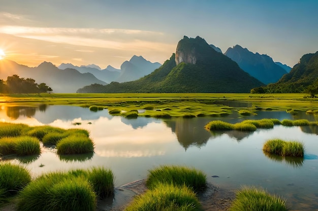 Um lago com montanhas ao fundo