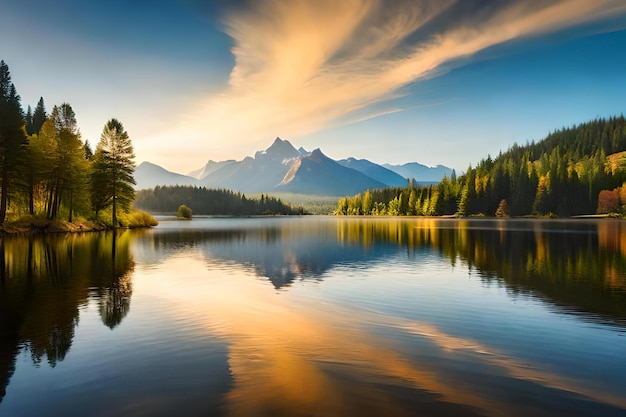 Um lago com montanhas ao fundo