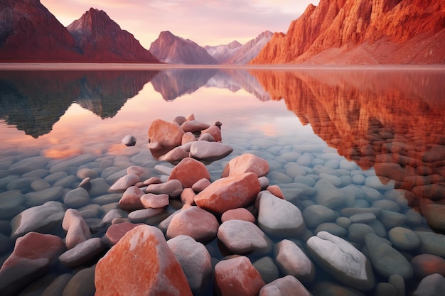 Um lago com montanhas ao fundo