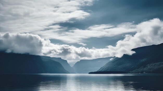 Um lago com montanhas ao fundo