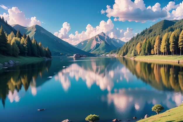 Um lago com montanhas ao fundo