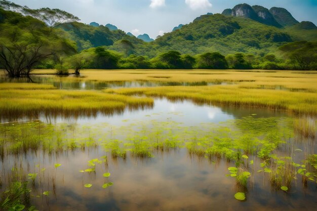 Foto um lago com montanhas ao fundo