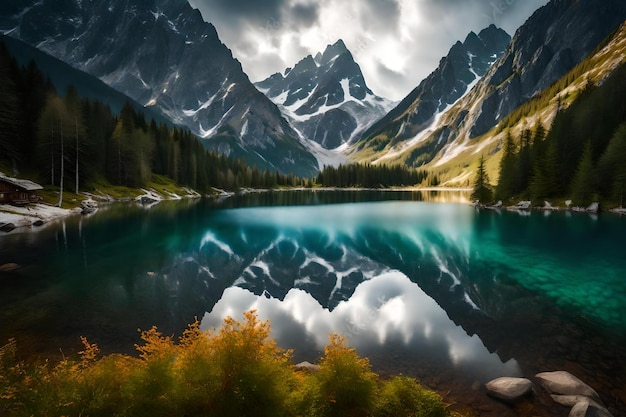 Um lago com montanhas ao fundo