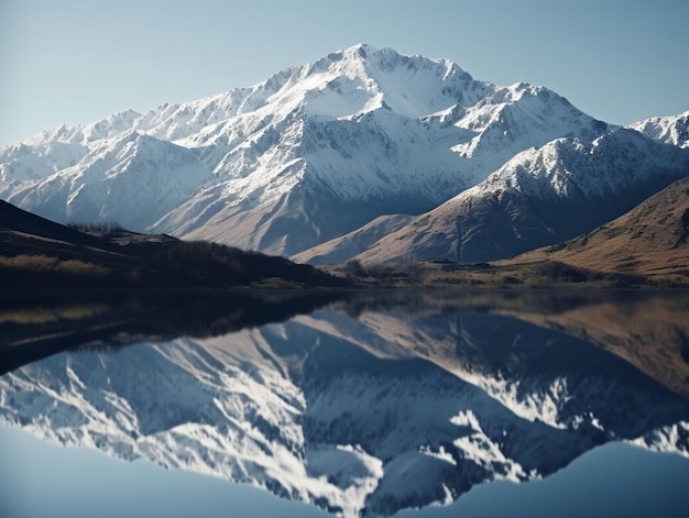 Um lago com montanhas cobertas de neve ao fundo