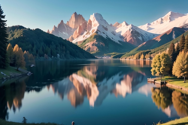 Um lago com montanhas cobertas de neve ao fundo