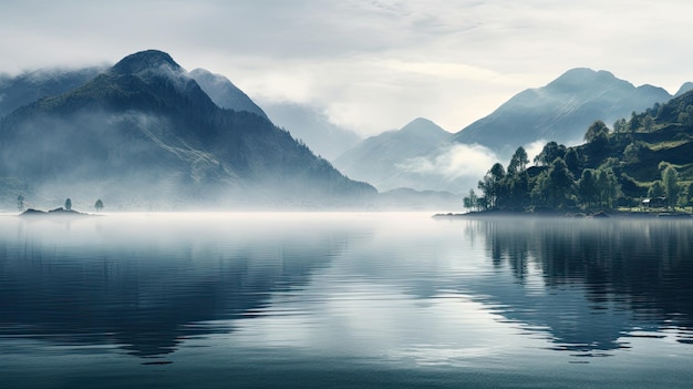 um lago com montanhas e árvores na água