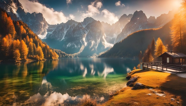 um lago com montanhas e uma cabana ao fundo