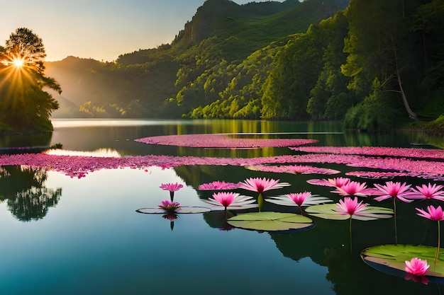 Um lago com nenúfares em primeiro plano e uma montanha ao fundo.