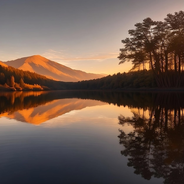 um lago com pôr do sol ao fundo