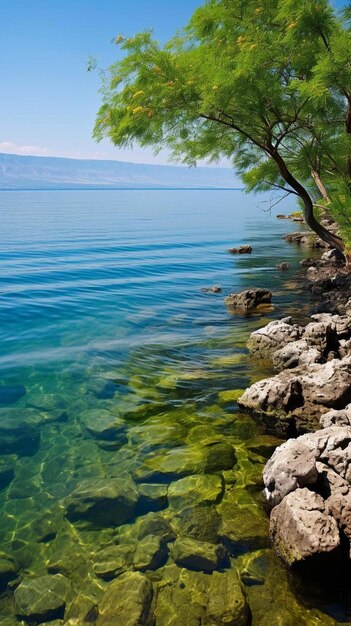 Foto um lago com rochas e árvores na costa