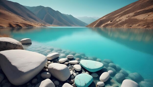 Foto um lago com rochas e rochas na frente com uma montanha ao fundo