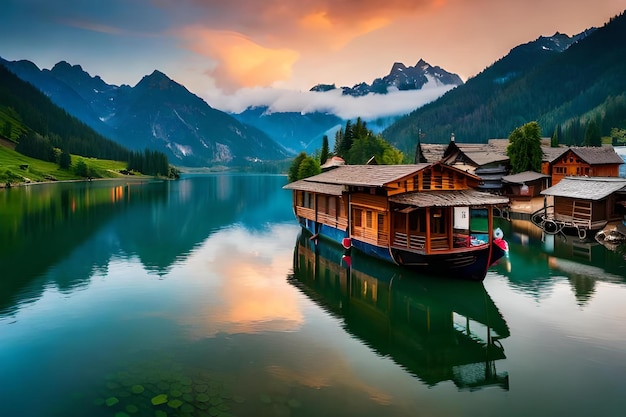 Um lago com um barco e montanhas ao fundo