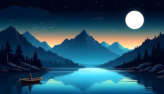 um lago com um barco e uma lua cheia ao fundo