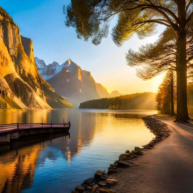 Um lago com um cais e montanhas ao fundo