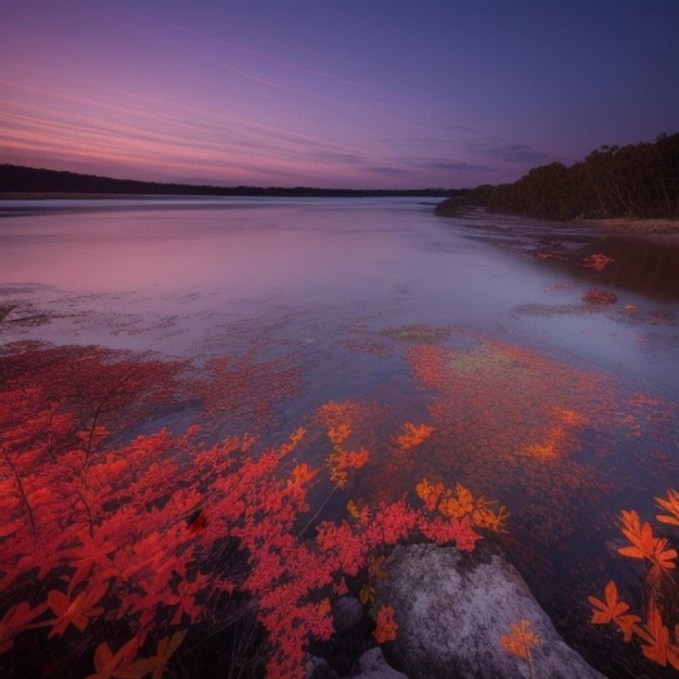 Um lago com um céu roxo e algumas árvores ao fundo.