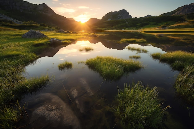 Um lago com um pôr do sol ao fundo