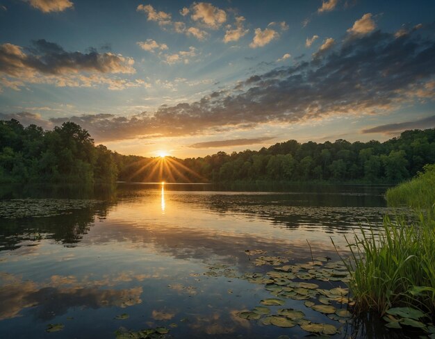 um lago com um pôr-do-sol e um lago com árvores no fundo