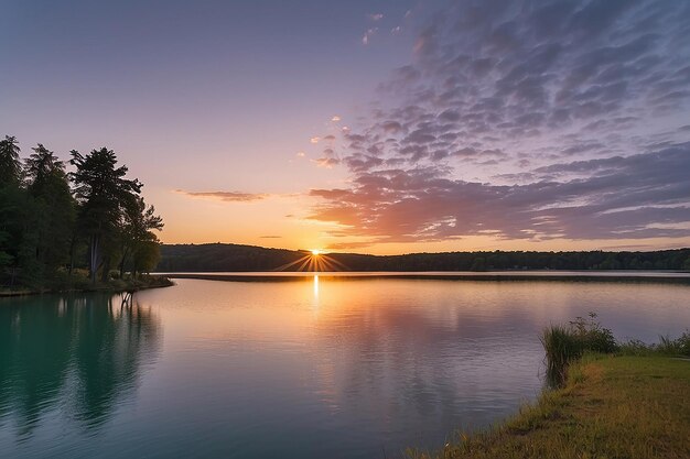 Um lago com um pôr-do-sol no fundo