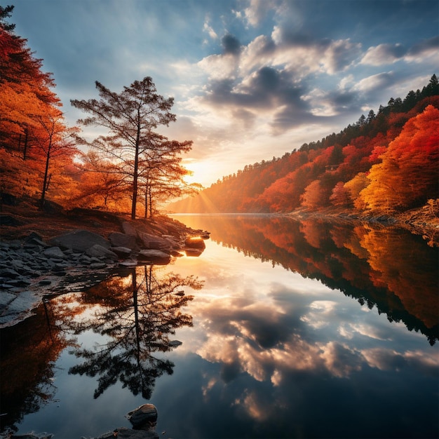 um lago com uma árvore e um lago com o sol a pôr-se atrás dele