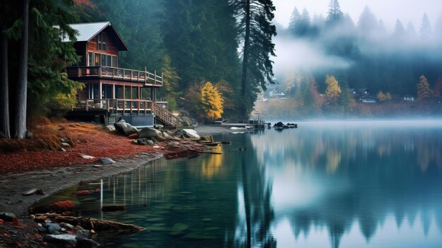 um lago com uma cabana e uma cabana na água