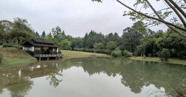 Um lago com uma casa do lado esquerdo e uma casa do lado direito.