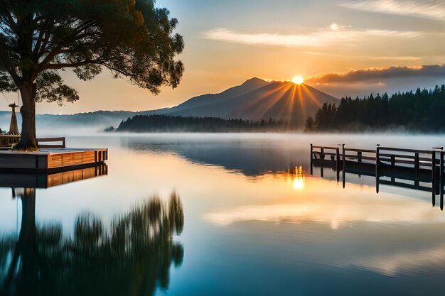 Um lago com uma doca e um sol ao fundo