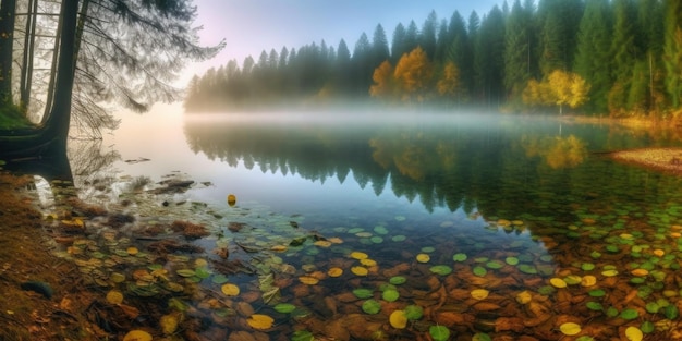 Um lago com uma floresta ao fundo e a água cercada por árvores e folhas.