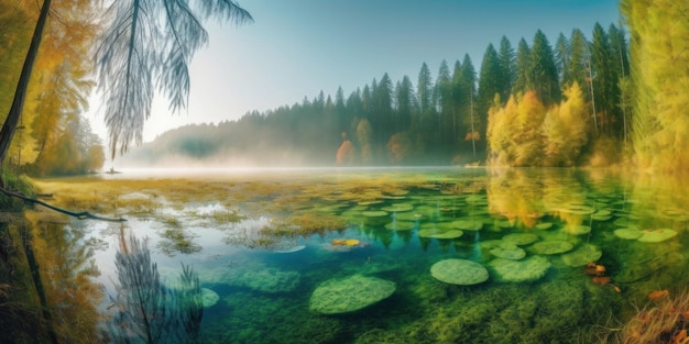 Um lago com uma floresta ao fundo