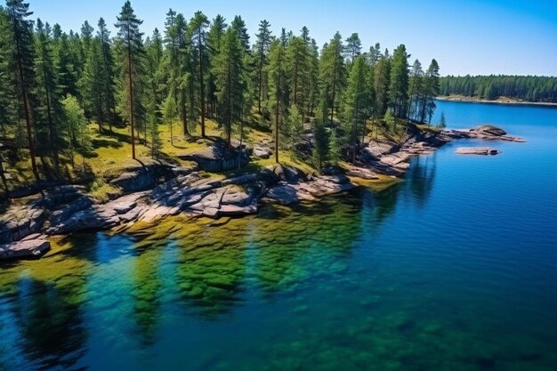 Foto um lago com uma floresta e rochas na água