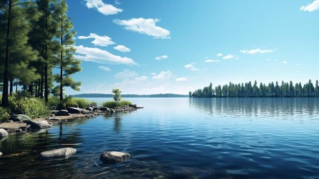 um lago com uma floresta e um céu azul com nuvens